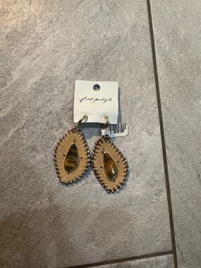 Free People Tan Leather Teardrop Earrings with Gold Stone